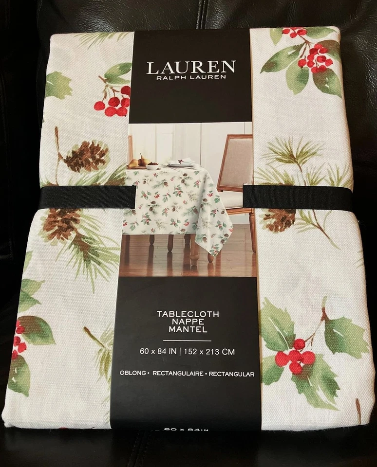 🎄Ralph Lauren LRL Christmas Tablecloth Cotton 60 x 84 Pine Cone Holly Berry NEW - Image 2 of 4