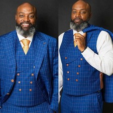 Check Plaid Men Suits Slim Fit Peak Lapel Single Breasted Business Formal Prom
