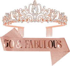 50 Fabulous Birthday Crown Sash for Women Rose Gold Tiara Girls 50th Gifts ation