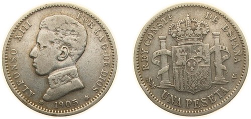 Spain 1905 *19-0? SMV 1 Peseta Silver (.835) VF