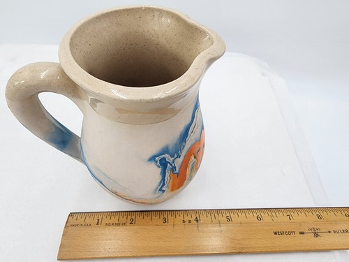 Nemadji Pottery Pitcher Blue and Electric Orange Swirl Pattern Marked - Picture 10 of 10