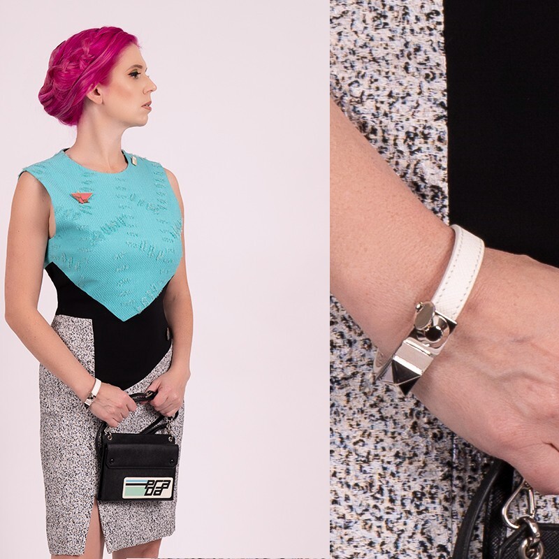 NEW $650 PRADA Woman White Saffiano Leather Stud Accent LOGO