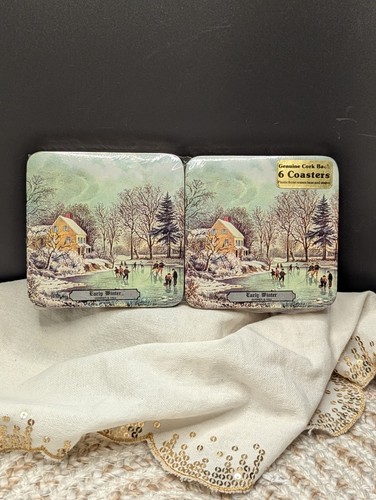 Currier & Ives "EARLY WINTER" 6 Stück Kork Rückseite Vintage Untersetzer Set Versiegelt 4 Zoll
