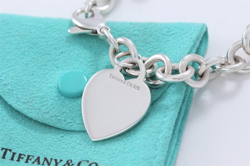 8" Tiffany & Co Silver Blank Engraveable Heart Tag Charm Bracelet Chain Link - Picture 3 of 7