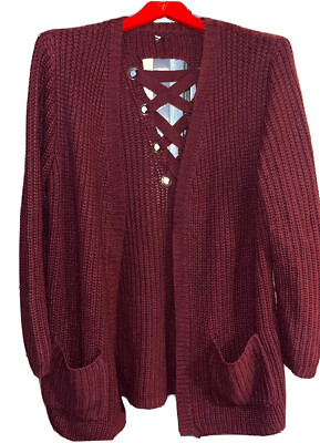 3XL Burgundy Knit Open Front Cardigan Chunky Knit Sweater Laced Up