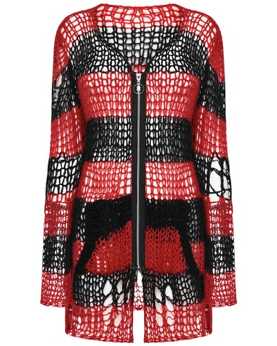 Punk Rave Womens Gothic Grunge Striped Shredded Cardigan Sweater Top Red Black