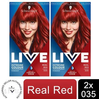 2x Schwarzkopf Live Intense Colour Permanent Hair Dye, 035 Real Red with Serum