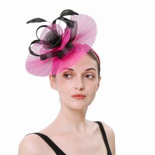 Women Rose Kentucky Derby Fascinator Hat Wedding Flower Feather Mesh Hats