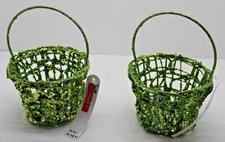 Lot of 2 Celebrate It Small Decorative Green Sparkle Wire Baskets Christmas Noel