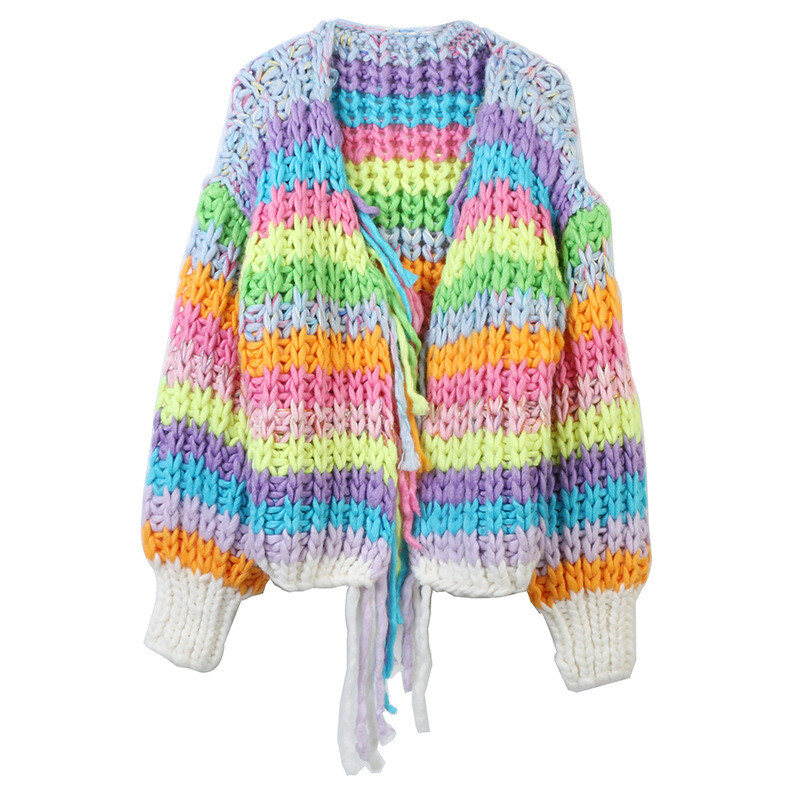 Fashion Womens Sweater Rainbow Color Long-sleeved Fringed Loose