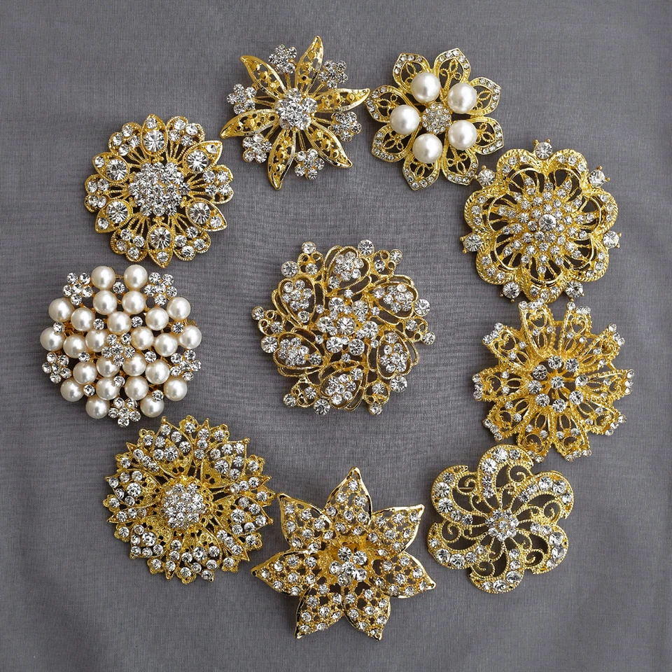 10 Broches Estrás Oro X GRANDE Perla Cristal Boda Novia Broche Ramo 