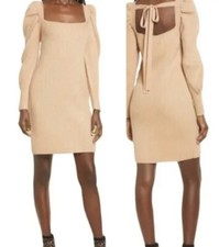 Wayf NWT* M Camel Square Neck Puff Shoulder Anthropologie Sweater Dress “Leland”