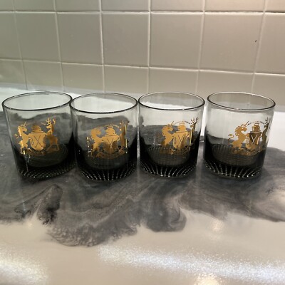 Whiskey Glass Set 4 Gray Tint Waffle Bottom Clan Gregor/MacGregor Ardchoille Vtg