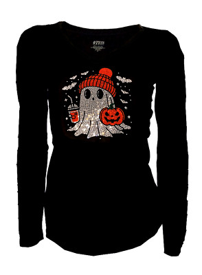 Halloween Ghost Hat, Women's Tops Rhinestone Trick or Treat Spooky Season Shirt