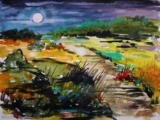 ORIGINAL FULL MOON Landscape WATERCOLOR  Painting JMW J Williams Expressionism