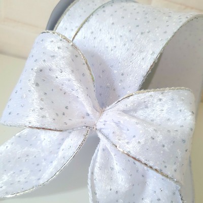 White Velvet Fur Christmas Ribbon Silver Edge &amp; Glitter Dots Bow Tree Wired | eBay