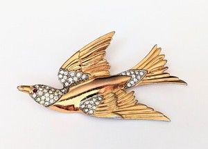 Authentic Vintage Antique 1940's Rhinestone Gold Plated Dove BIRD Large Pin Brooch