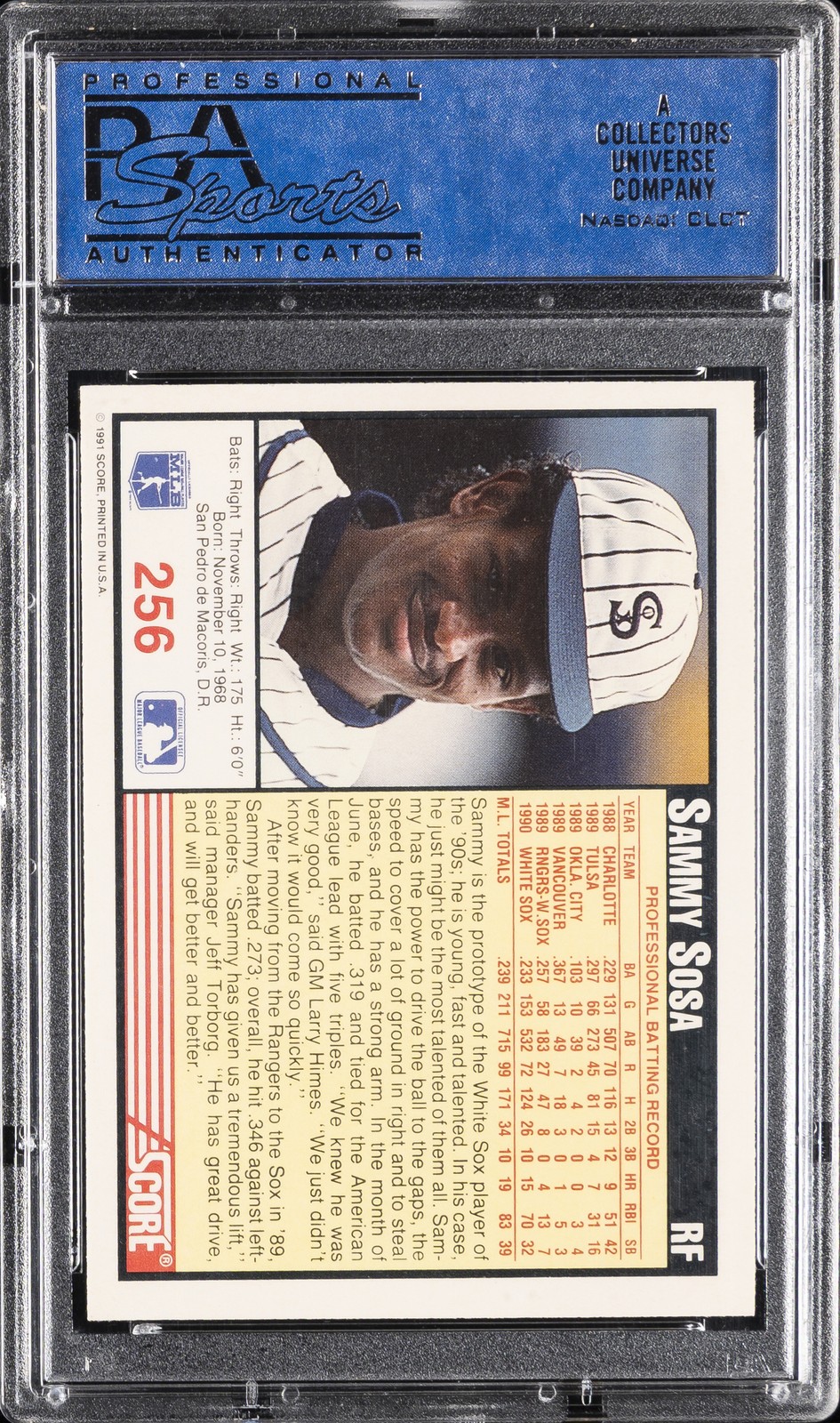 1991 SCORE #256 SAMMY SOSA PSA 10 view 2