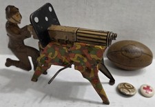 Vintage Marx Tin Litho WWI Machine Gun Gunner Toy w/ Crank - Makes Noise - WORKS