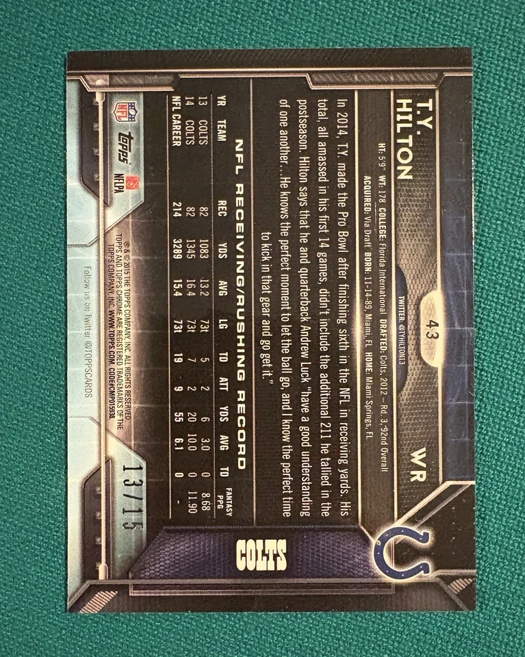 2015 Topps Chrome Football T.Y. Hilton Mini Black Refractor /15 Colts  - Image 2 of 2