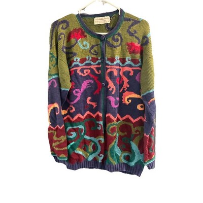 RARE Peruvian Connection Cardigan Sweater Sz L Floral Colorful 100% Pima Cotton