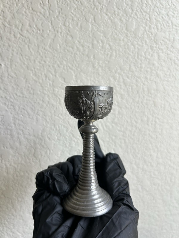 Silver Metal Goblet Chalice Cup w/ Embossed Building Scene & Text