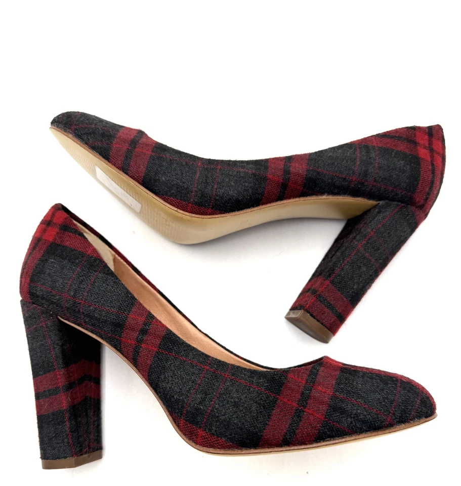 Zapatos de salón J Crew para mujer talla 7 rojos negros a cuadros de tacón ancho mezcla de lana clásicos Foto 3 de 4
