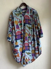 Vintage Go Softly Button Up Shirt Dress Oversized Tunic L Folk Art Novelty Rare