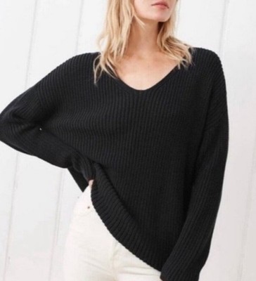 Jenni Kayne Womens Cabin Sweater Black Organic Cotton Chunky Knit M Fisherman