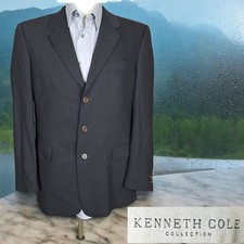 Kenneth Cole Jacket Blazer Mens 40R 3 Button Ventless Black Flanel Wool