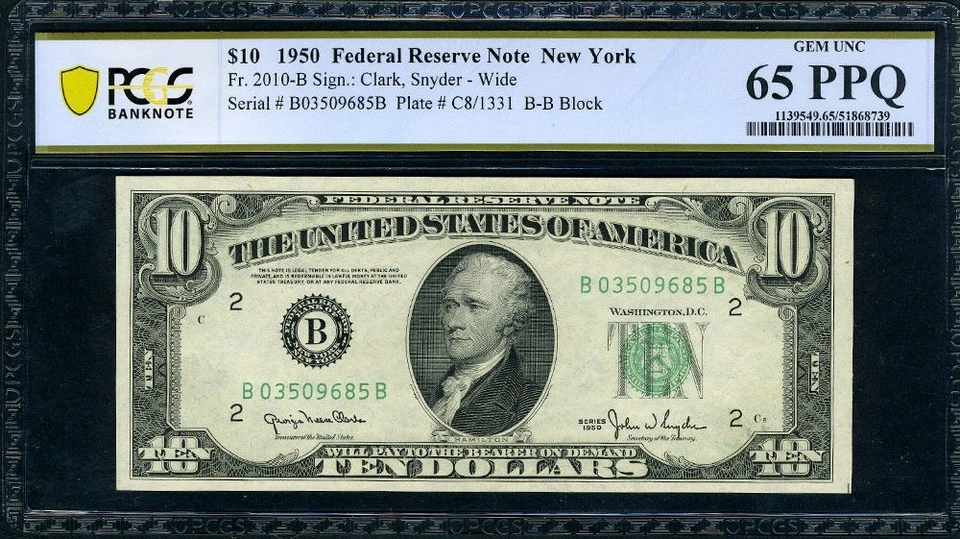 FR. 2010 G $10 1950 Federal Reserve Note New York B-B Block PCGS Gem CU65 PPQ - Image 2 of 3