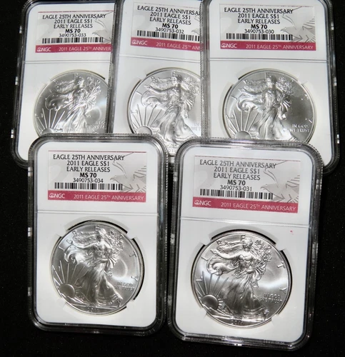 2011- 25th ANNIVERSARY SILVER $1 EAGLE EARLY RELEASES NGC MS 70 COIN LOT (5) !!
