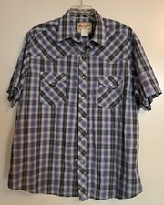 VTG Wrangler Western Fashion Mens XL Pearl Snap Shirt Short Sleeve Purple Plaid