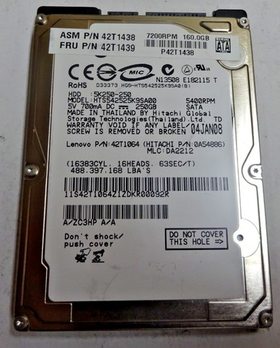 HITACHI *HTS542525K9SA00* 250 GB * SATA HDD Notebook 2,5 Zoll #NFP1599