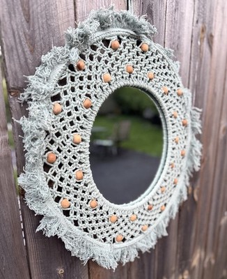 21  Round Seafoam Macrame w/Wood Beads Wall Hanging Mirror Boho Home Decor