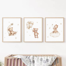Bear Nursery Wall Art Decor Set of 3 Teddy Bear Canvas Wall Art Baby Boy Nursery