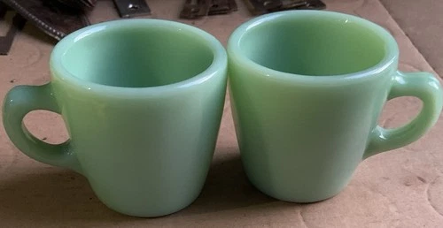 (2) Vintage Anchor Hocking Fire King Ware Jadeite Coffee Cup C-Handle No Chips