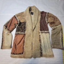 Vintage Richman Brothers Cardigan Sz S Patchwork Leather Acrylic 70's Knit Ugly