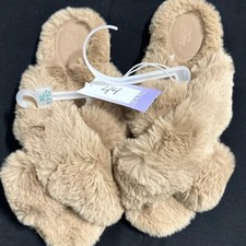 NEW Stars Above Women's Paris Crossband Faux Fur Slippers Taupe Sz XL 11/12