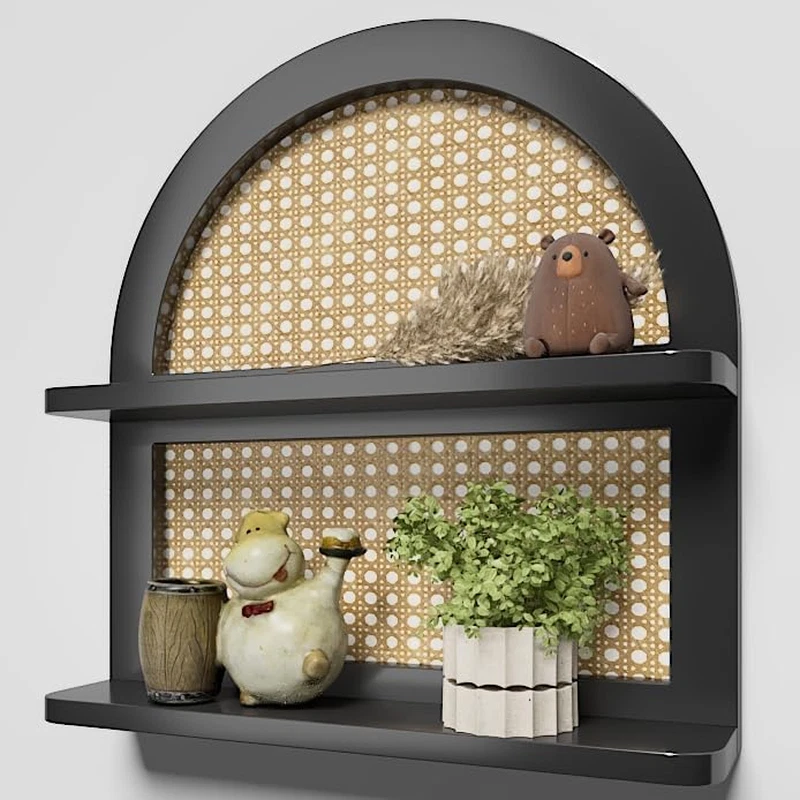 Boho Rattan Wall Shelf - 2-Tier Arched Floating Shelf for Rustic Decor