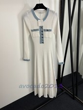 Sandro Women Summer Denim Patchwork Round Neck Long Sleeved Knitted Dress