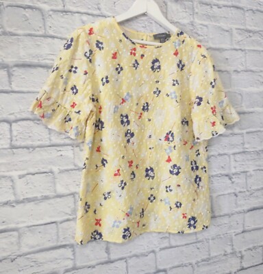 Primark Women Top Size Yellow Floral Short Sleeves Round Neck - Main Image