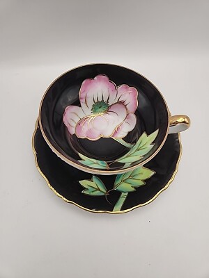 Vintage Nasco Del Coronado 3 Footed Lusterware Pink Flower on Black Tea Set 
