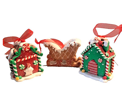 3 Sugared Christmas Ornaments Gingerbread Village Houses Sleigh Sparkly