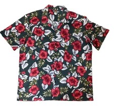 Vintage Hawaii Blues Hawaiian Shirt LARGE Button Aloha Hibiscus Floral Green Red