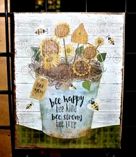 Bee Happy Kind Strong True Folk Art Sunflowers Print on 8 X 10 Stretched Canvas