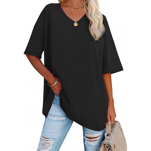 UK Womens V Neck Blouse Summer Casual Baggy Loose T Shirt Tee Tops Tee Plus Size - Picture 6 of 40