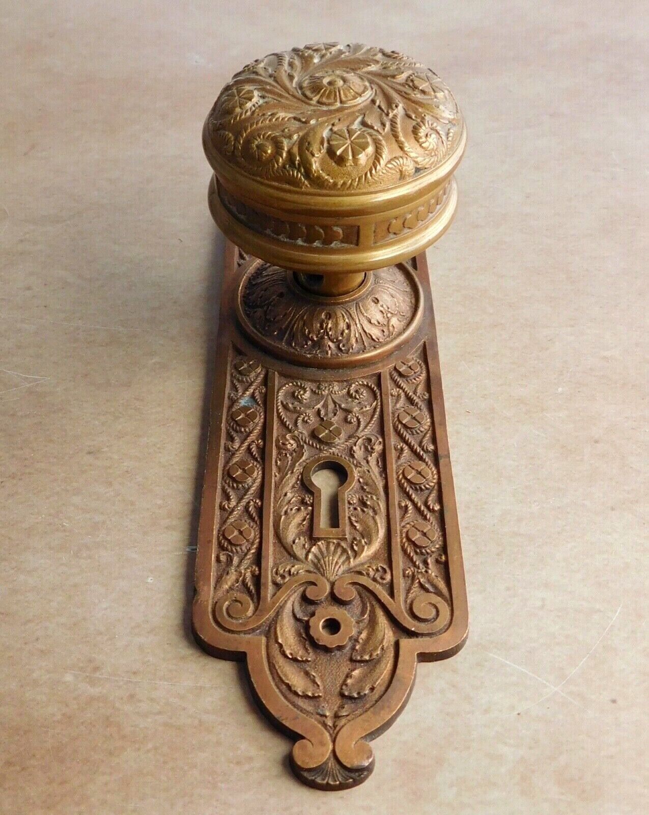 Antique door knob and Plate Norwalk H-25600 Bronze Brass Victorian ornate 1886 