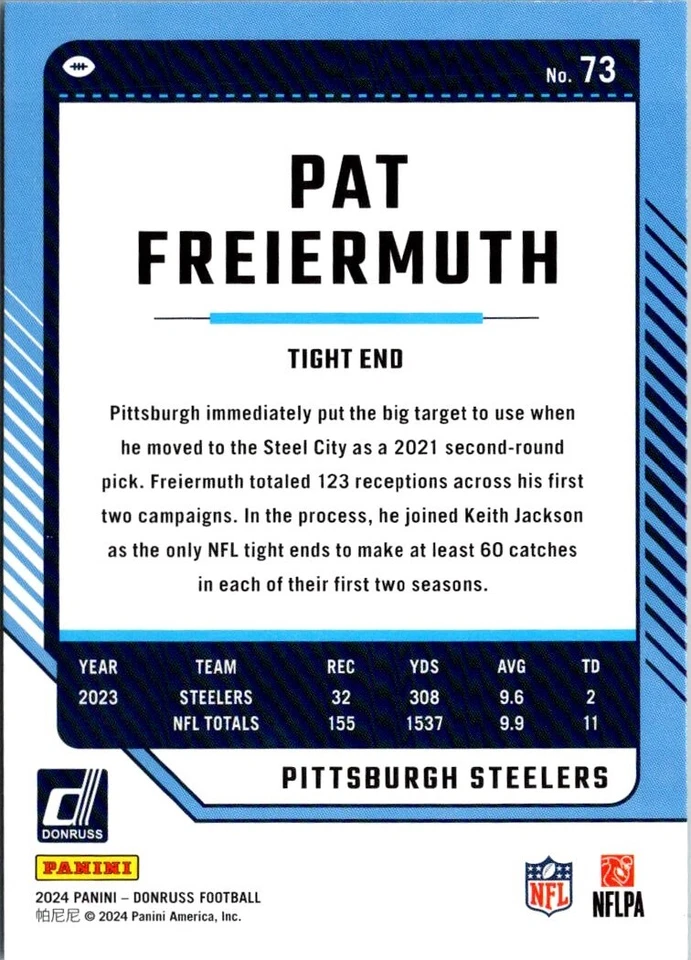 2024 Panini Donruss Pat Freiermuth Pittsburgh Steelers #73 - Image 2 of 2