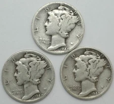 1940-P-D-S Winged Liberty Mercury Silver dime mint year set of 3 coins